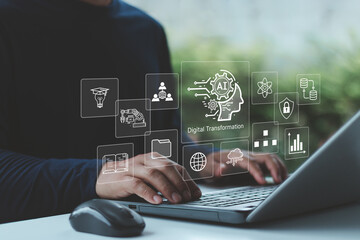 Digital transformation and AI technology strategy concept. Businessman using laptop with artificial...