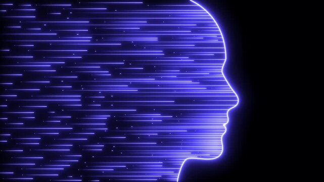 Future AI tech machine learning, face outline circuit board and binary data flow on blue Loop background. cyber mind Human fast digital computing, robot revolution Big data, artificial intelligence.
