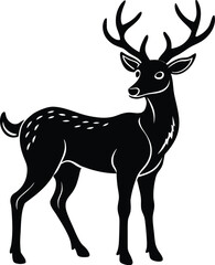 Obraz premium Vector art of a black and white silhouette of a majestic stag with large antlers standing in a natural setting, representing wildlife and the beauty of nature