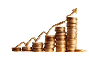 Gold coins stacked in ascending columns, with a rising arrow graph superimposed