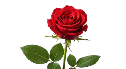 Blooming red rose, green leaves, against a black background