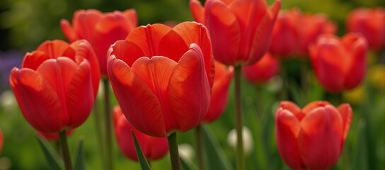 Obraz premium Blooming red tulips highlighting a vibrant and lively spring garden