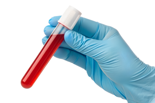 Gloved Hand Holding Blood Sample in Test Tube Medical Lab Analysis