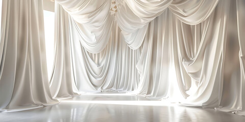 White drapes cascading elegantly with soft light streaming through
