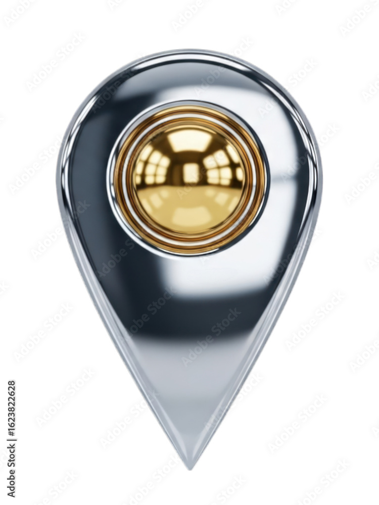 Poster chrome map pointer with golden center, shiny and isolated