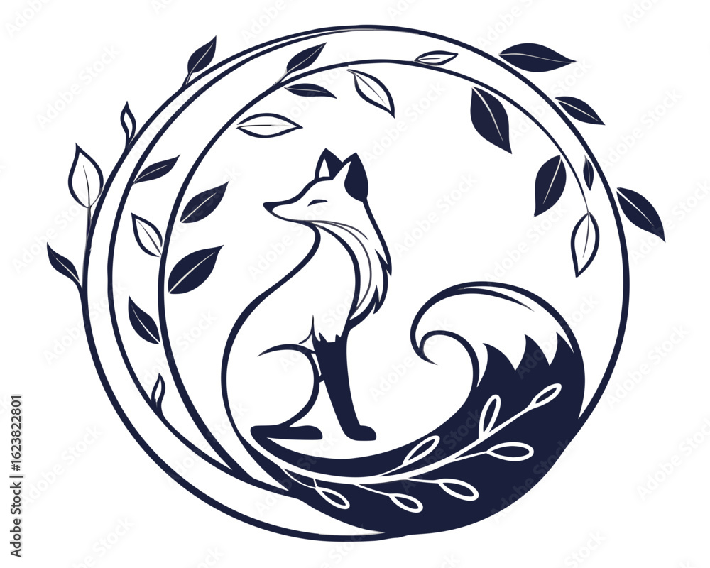 Poster elegant fox silhouette within a botanical circle of leaves and swirling tail design element art crea