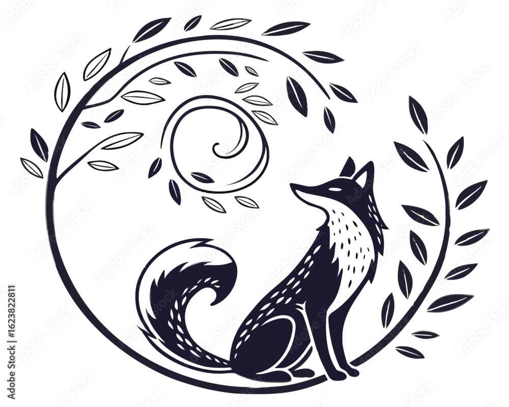 Poster stylized black and white fox sitting inside a circular tree branch with leaves and a spiral design e