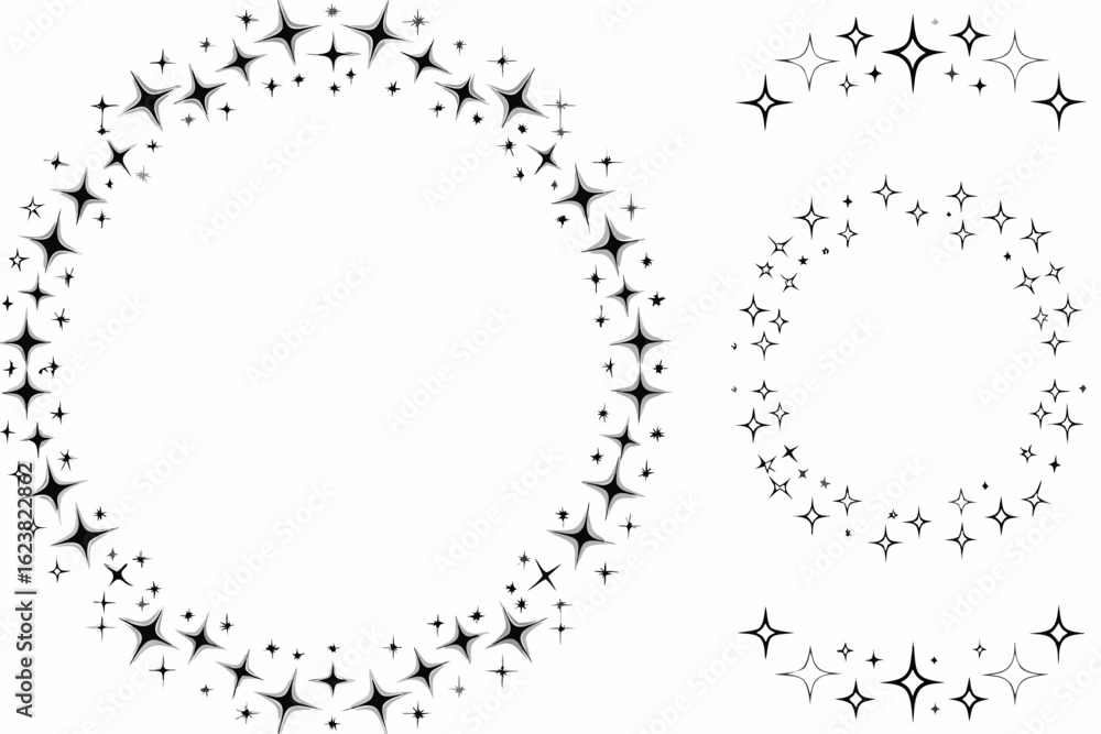 Poster illustration of two circular starburst frames and two starburst arc segments in black and white crea