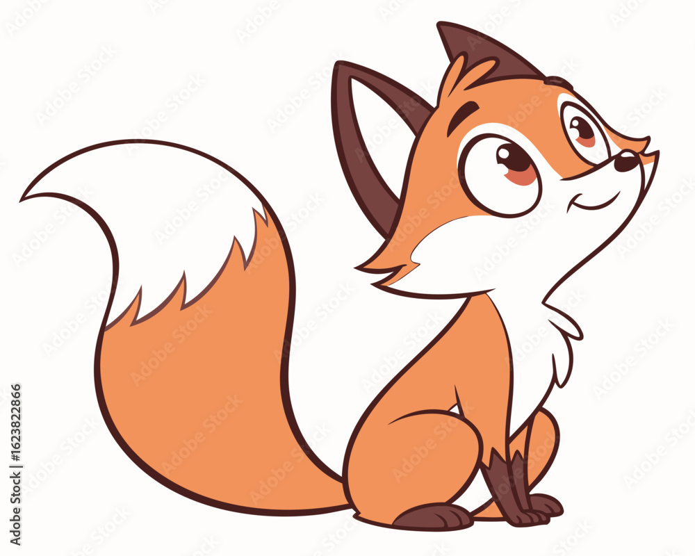 Poster cartoon fox sitting with a fluffy tail looking up with a smile on a white background in a vector ima
