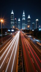 Fototapeta premium A dynamic scene featuring high-speed car traffic on a neon-lit city highway at night with motion blur effects
