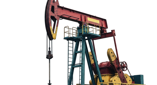 Close-up of a red and yellow oil pump jack against a dark background