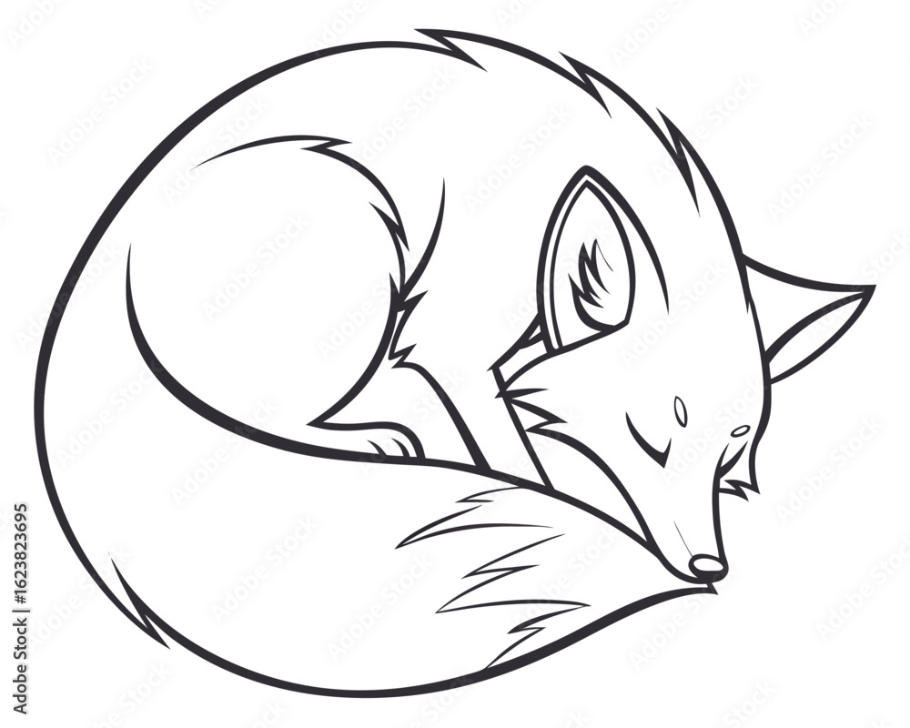 Poster sleeping fox curled up with its tail around its body in a black and white line drawing style image c