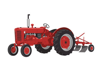 Obraz premium Vintage red tractor with plow ready to work the farm field