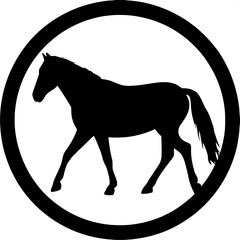 Simple black outline of a horse walking, surrounded by a circular frame. The horse remains isolated in the center-left portion of the circle. The image keeps a clean, symbolic aesthetic with no added 