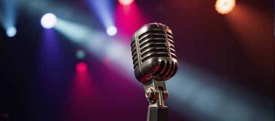Close-up of mic onstage amidst blurred concert lights symbolizing dynamic performance environment