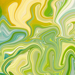 Yellow, green, and blue abstract marbling with dynamic swirls and natural flow. Energetic, organic design perfect for vibrant digital art and modern backgrounds. Keywords: abstract, yellow, swirl, vib