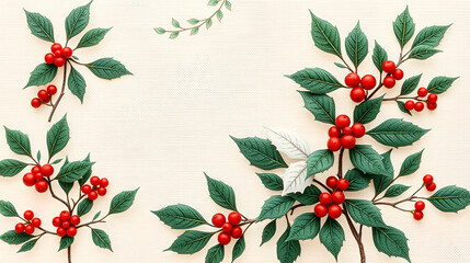 Elegant Christmas card background featuring soft botanical illustrations with holly on beige canvas