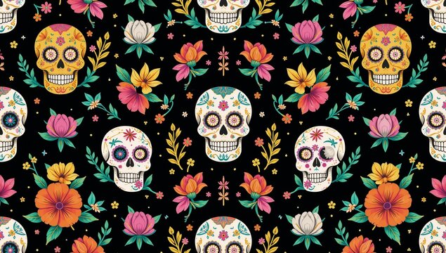 Vector design featuring intricate patterns for Dia de los Muertos celebration showcasing a background filled with colorful skulls and floral ornaments suitable for fabric applications
