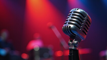 Ok Close-up of mic onstage amidst blurred concert lights symbolizing dynamic performance environment