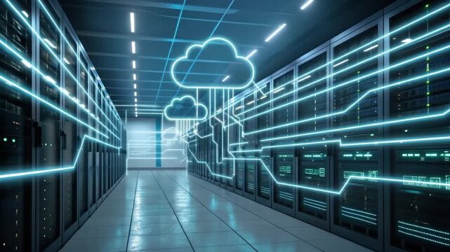 Dynamic cloud computing servers syncing data with brilliant neon glow in a modern data center for cutting edge technology solutions