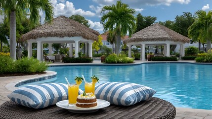 Obraz premium A poolside birthday party with inflatable toys floating in the water, tropical drinks on tables, shaded cabanas, and a cake with a palm tree topper