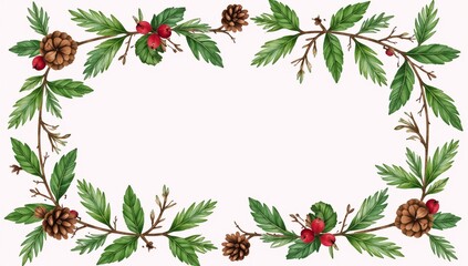 Fototapeta premium Ok Isolated botanical Christmas motif featuring pine cones and fir branches against a white backdrop in watercolor style for wedding card designs