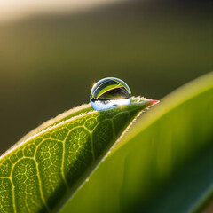 Closeup of a green leaf covered in dew drops with a small insect