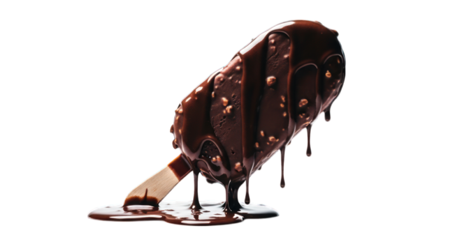 Decadent chocolate-covered popsicle melting; drips form on a black background