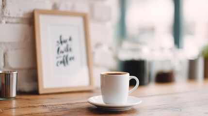 Fototapeta premium A white coffee cup and saucer sit on a wooden table with a blurred framed quote and coffee jars in a bright, cozy cafe setting.