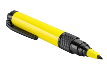 A bright yellow pen with a black tip and barrel.  The pen is angled, showing its length and form.  The writing tip is prominent.  The pen's body has a slightly textured black section