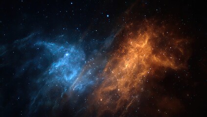 Naklejka premium A cosmic scene depicting a nebula with vibrant blue and fiery orange hues, interspersed with countless stars against a dark backdrop