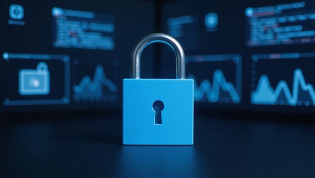 Modern technological scene with blue padlock icon  symbol of secure data protection  digital security
