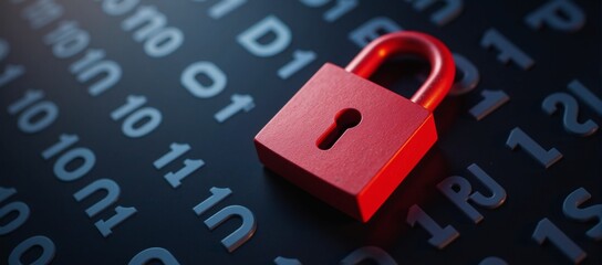 Warning Padlock icon showcases abstract data protection theme in binary characters against a digital backdrop Cybersecurity Red Alert