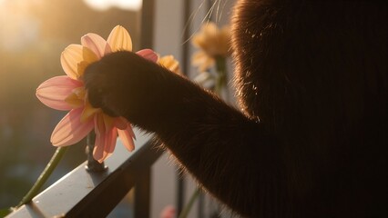 A cat's paw delicately touches a vibrant pink flower on a balcony railing, bathed in golden sunlight.