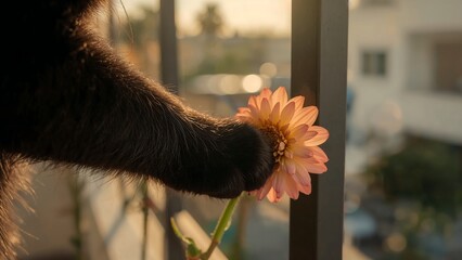 A black cat gently holds a peach dahlia, its paw delicately grasping the stem through a balcony railing at sunset.