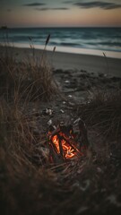 A small campfire glows on a beach near the ocean at dusk.