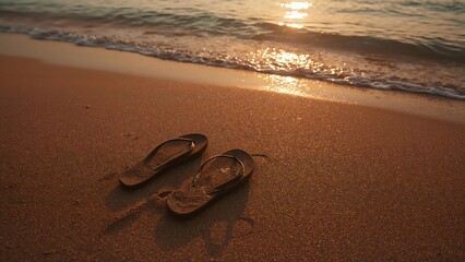 Sandals rest on a sandy beach as waves gently lap the shore during sunset.