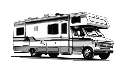 Modern Camper Van Icon in Black Shadow, Side View for Motorhome Design