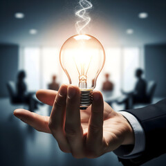 Hand holding a glowing light bulb, symbolizing a bright business idea and innovation