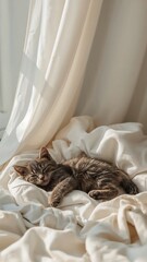 A small tabby cat sleeps peacefully on a bed with soft, white sheets near a window.