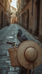 A pigeon rests on a bicycle adorned with a straw hat and wicker basket in a narrow, sun-drenched European street.