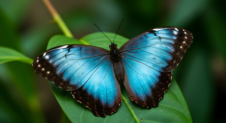 Captivating close-up of a vibrant Blue Morpho butterfly resting gracefully on a lush green leaf