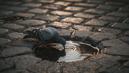 A pigeon drinks from a puddle on a cobblestone street, creating ripples in the water.