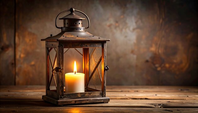 Antique lantern with candle on wooden table