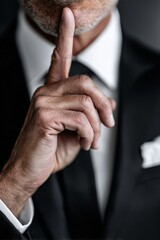 Mature businessman in elegant suit holding finger to lips in a hush gesture, symbolizing quiet luxury, discretion, and exclusivity