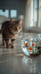 Curious tabby cat intently observing goldfish swimming in a round glass bowl.
