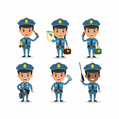 Collection of cartoon police officer characters in uniform. Vector set of diverse security personnel on duty, using walkie-talkies and phones.