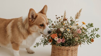 A curious Pembroke Welsh Corgi sniffs a vibrant, rustic flower arrangement in a wicker basket.