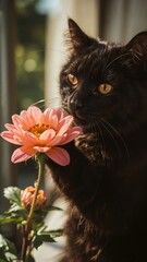 A black cat gently sniffs a delicate pink flower indoors, bathed in sunlight.