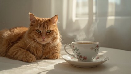 An orange cat rests near a steaming cup of tea or coffee on a white surface, with sunlight streaming through a window.